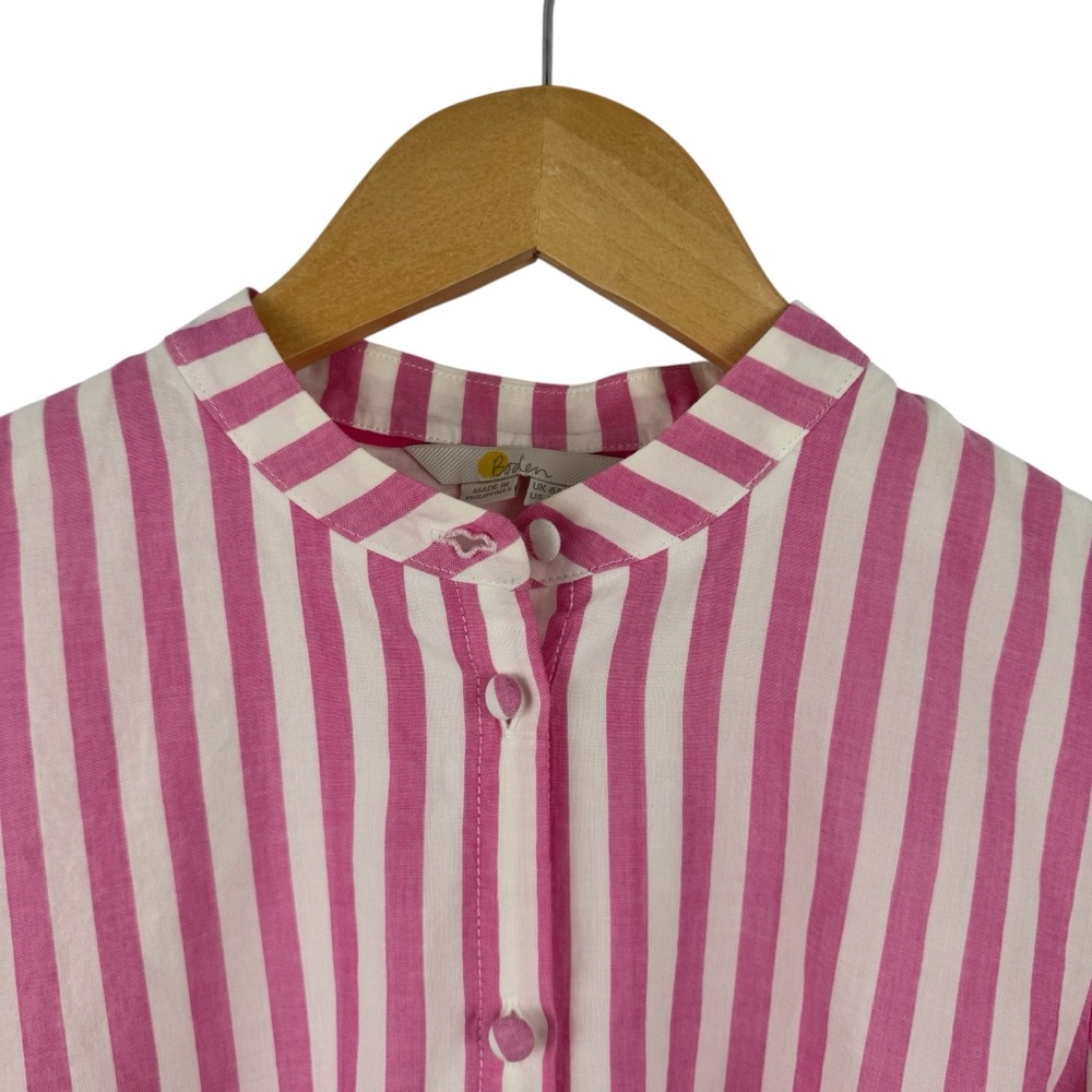 BODEN Puff Sleeve Cotton Pink White Striped Dress Button Down Ruffle Hem SZ 2 - Picture 6 of 16